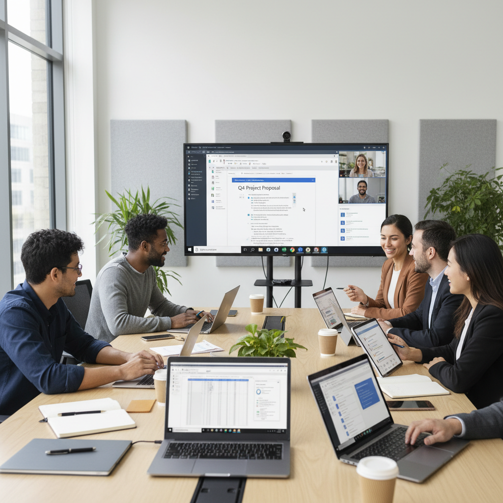 A team collaborating on a shared document in Microsoft Teams, with laptops and tablets displaying various Microsoft 365 applications. The atmosphere is bright and productive.