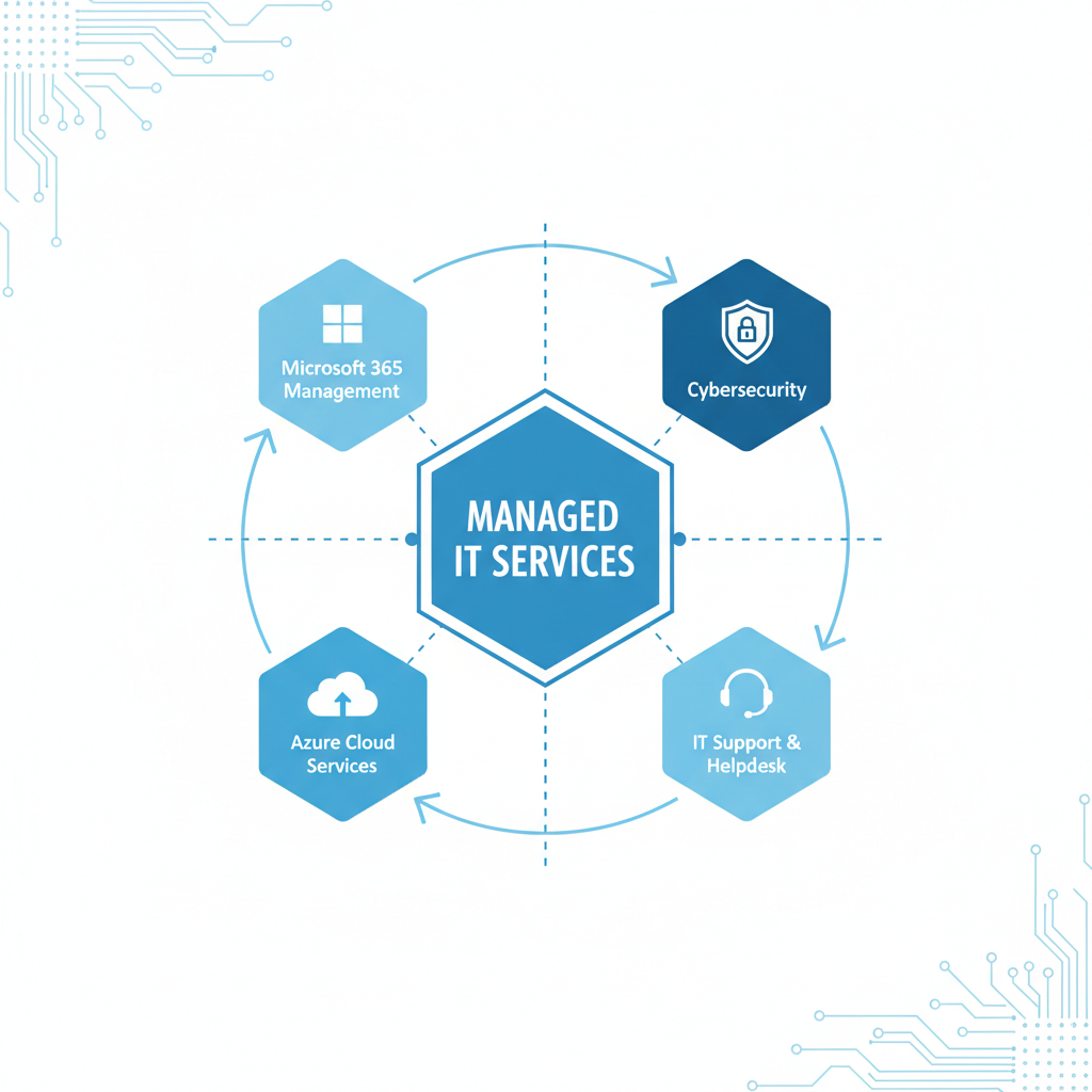 A diagram illustrating the various services offered by a Managed IT Services provider, including Microsoft 365 management, Azure cloud services, cybersecurity, and IT support. The diagram emphasizes the interconnectedness of these services.