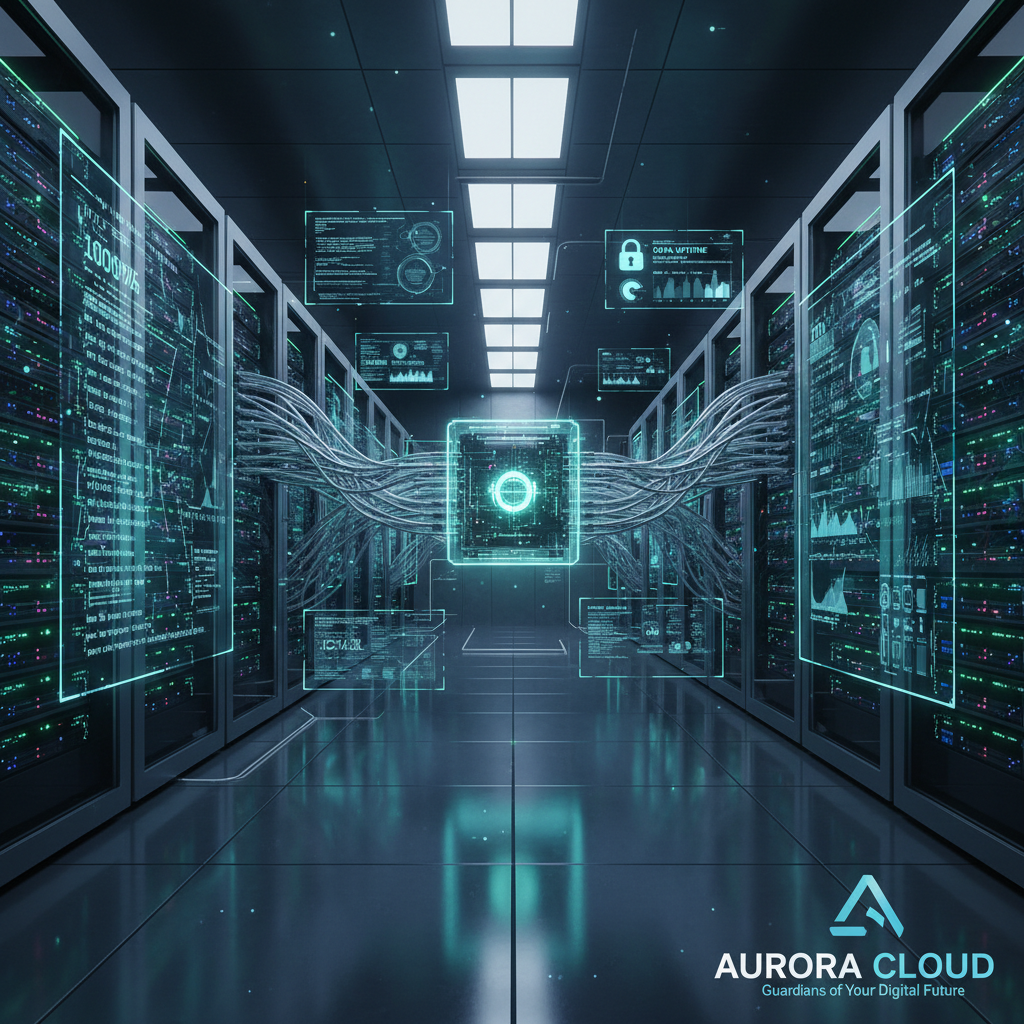 A server room with blinking lights and network cables, representing the infrastructure that supports cloud services and data backup. The image conveys a sense of security and reliability.