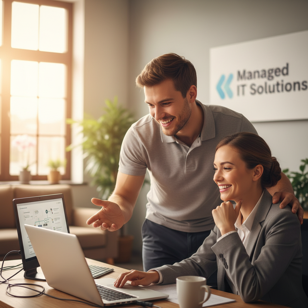 A smiling IT professional assisting a client with their computer, representing the personalized support and expertise provided by a Managed IT Services provider.
