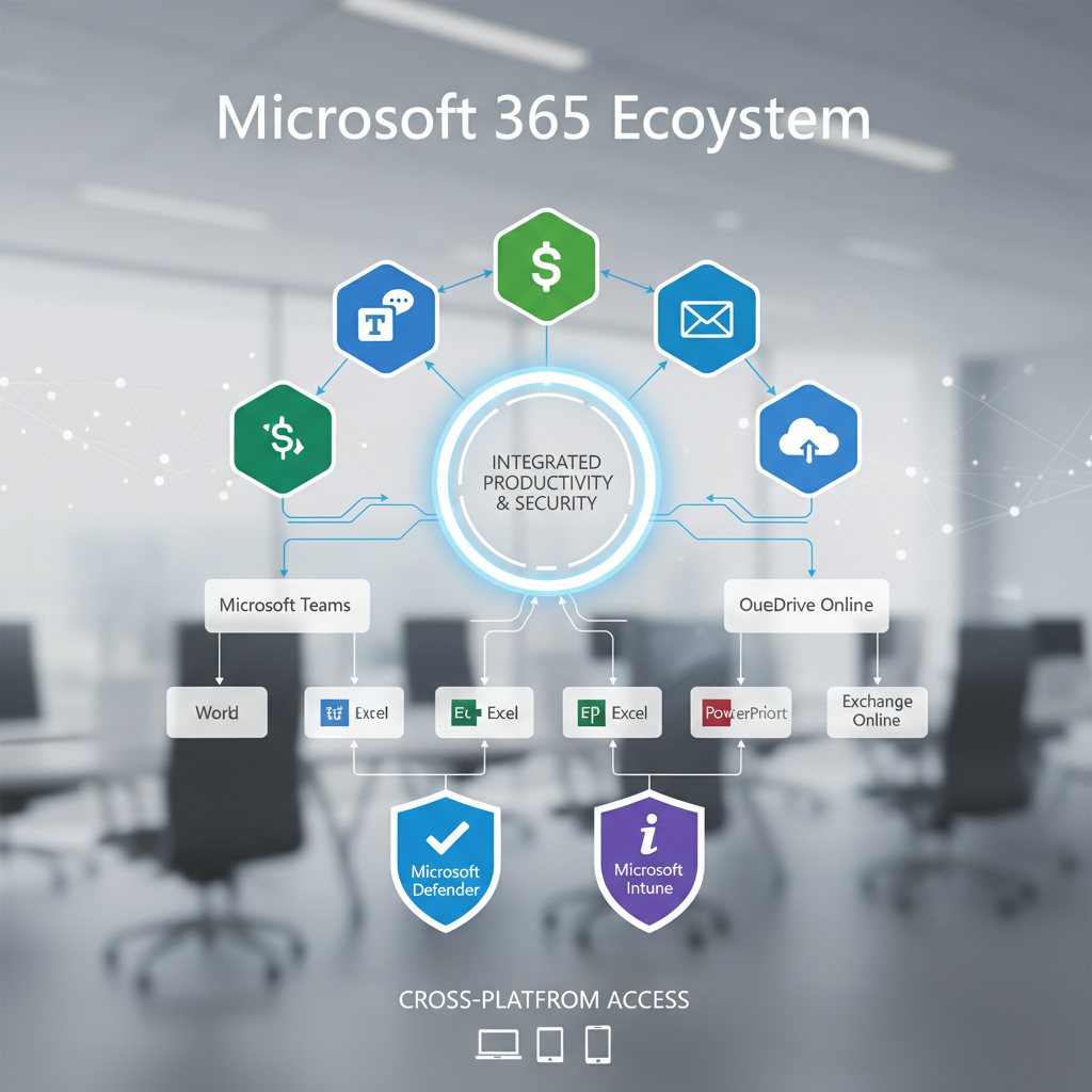A diagram illustrating the Microsoft 365 ecosystem, highlighting key applications like Teams, SharePoint, Outlook, and OneDrive, as well as security features like Microsoft Defender and Intune. The diagram shows how these components integrate to provide a comprehensive productivity and security solution.
