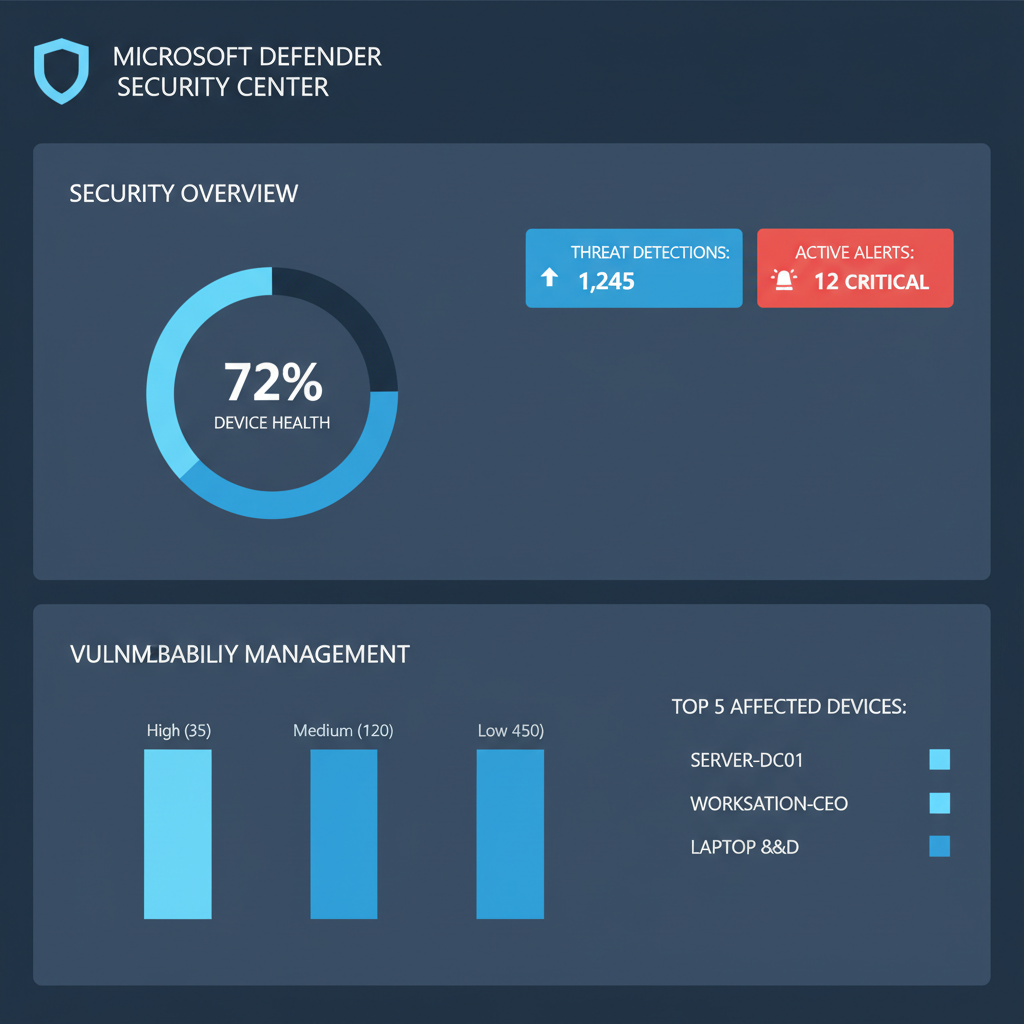 A screenshot of the Microsoft Defender dashboard, showing a summary of security threats and alerts. The dashboard displays key metrics such as threat detections, device health, and vulnerability assessments.