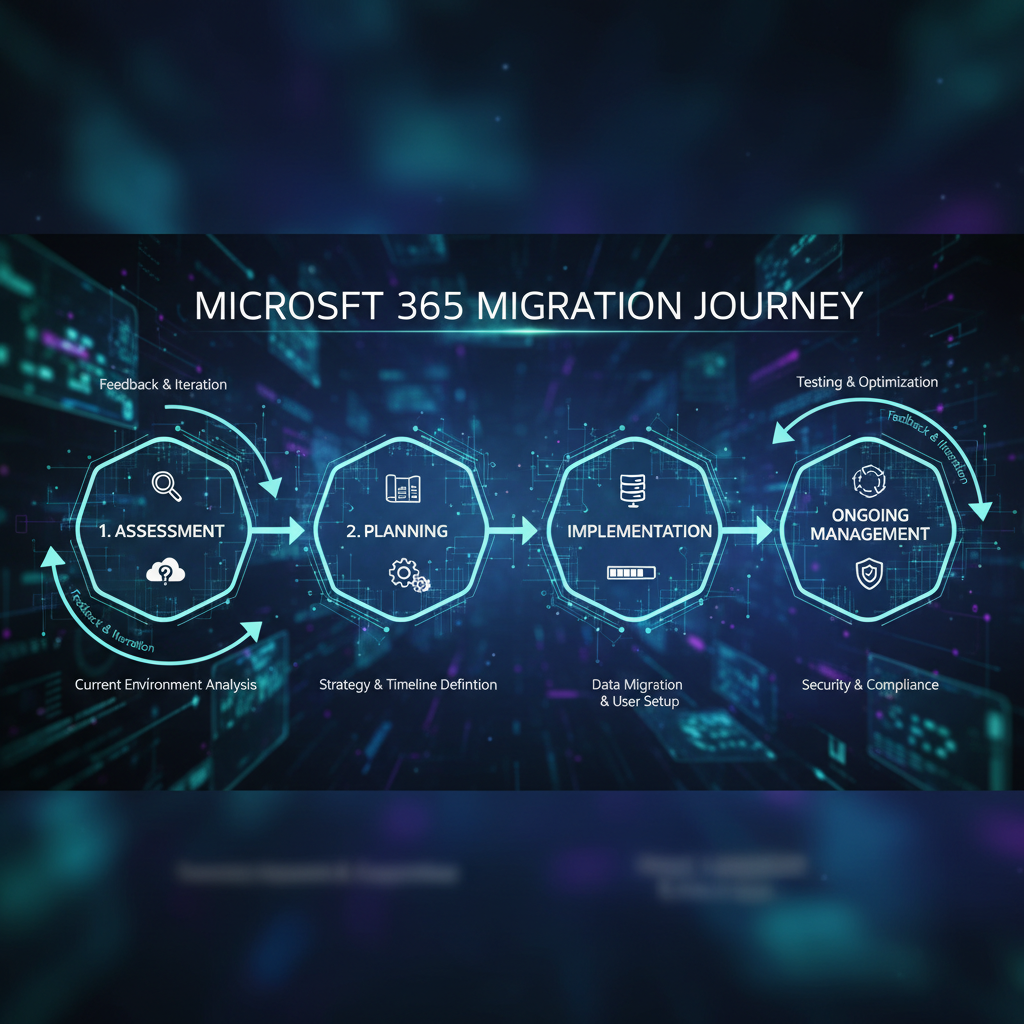 A flowchart illustrating the steps involved in migrating to Microsoft 365, including assessment, planning, implementation, and ongoing management. Each step is clearly defined, with arrows indicating the flow of the process.