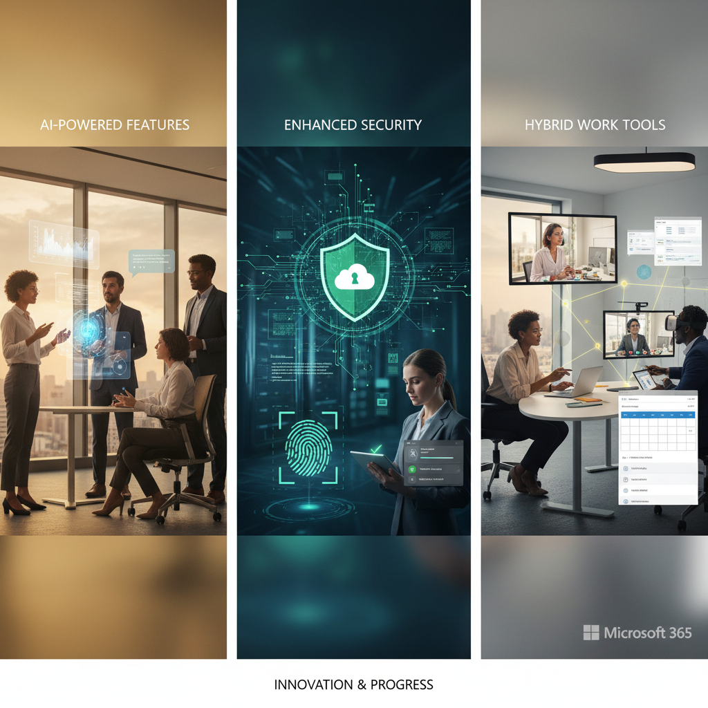 A collage of images representing the future of Microsoft 365, including AI-powered features, enhanced security measures, and tools for hybrid work environments. The collage conveys a sense of innovation and progress.