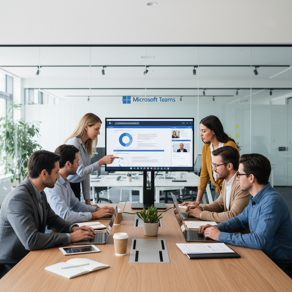 Team members collaborating on a project using Microsoft Teams on multiple devices in a modern office setting, emphasizing teamwork and productivity.