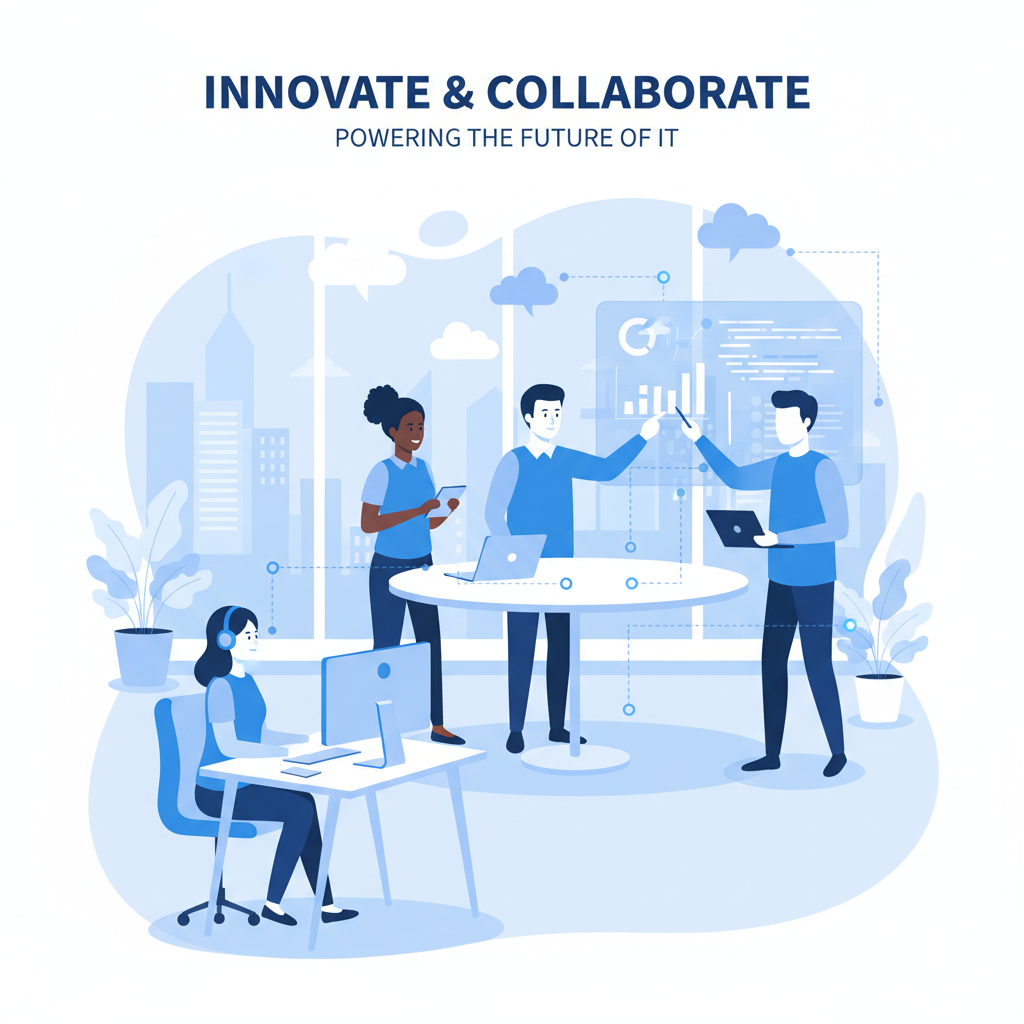 A diverse group of employees working collaboratively in a modern office space, using laptops, tablets, and large interactive displays. The atmosphere is bright and open, promoting creativity and teamwork.
