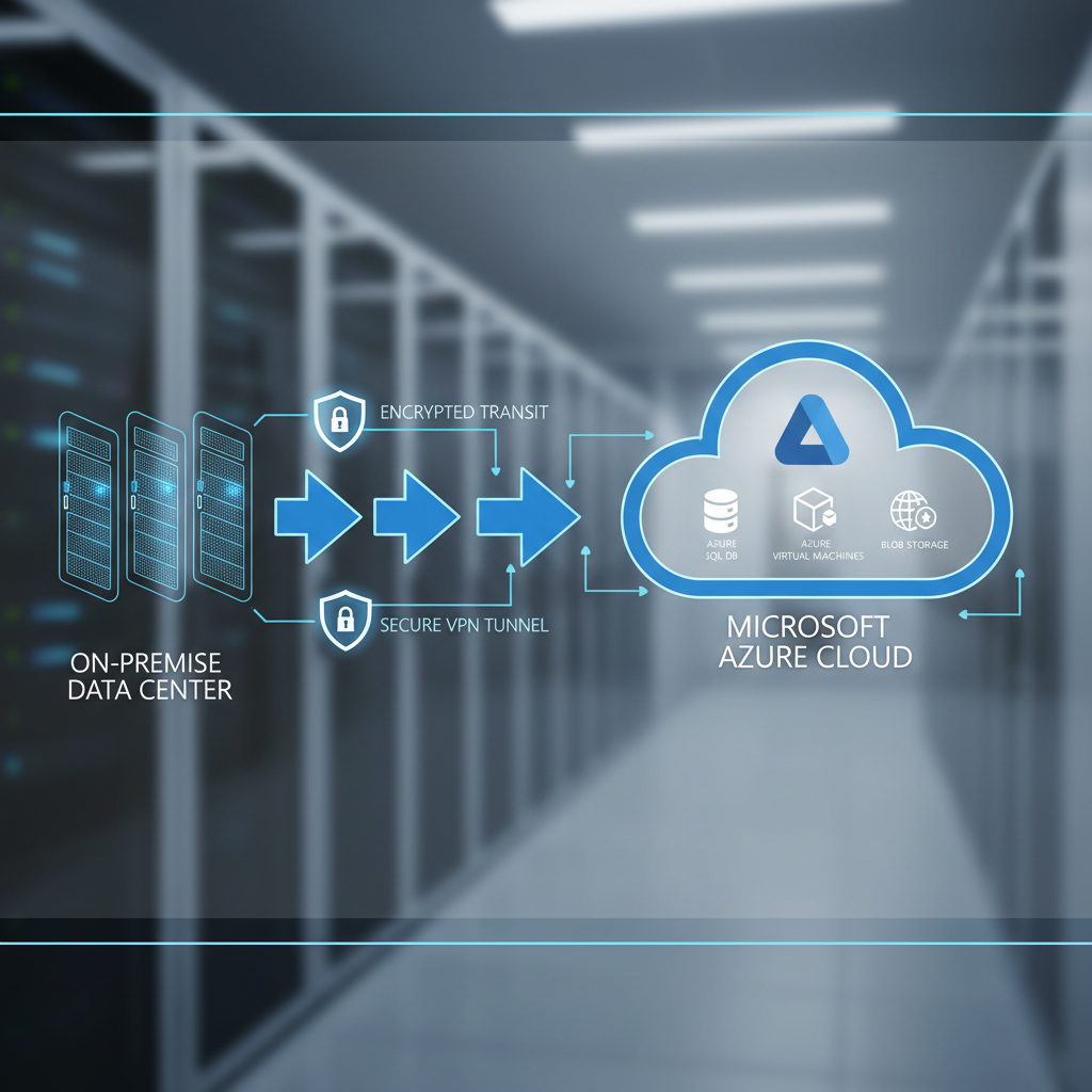A network diagram showing data migrating from on-premise servers to the Azure cloud, with arrows indicating data flow and security icons highlighting protection during transit.