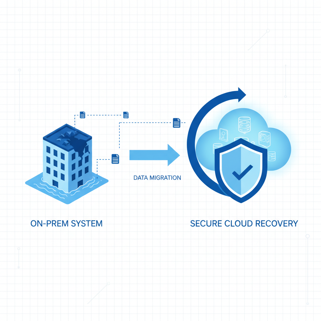 A visual representation of a disaster recovery scenario, showing a building affected by a flood, with data being seamlessly recovered to the cloud.