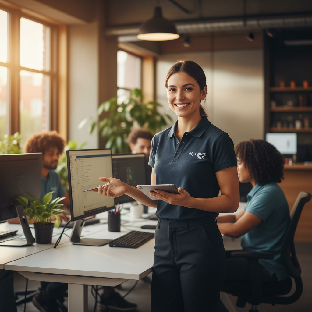 A Mycelium 365 team member providing IT support, with a modern office environment in the background.