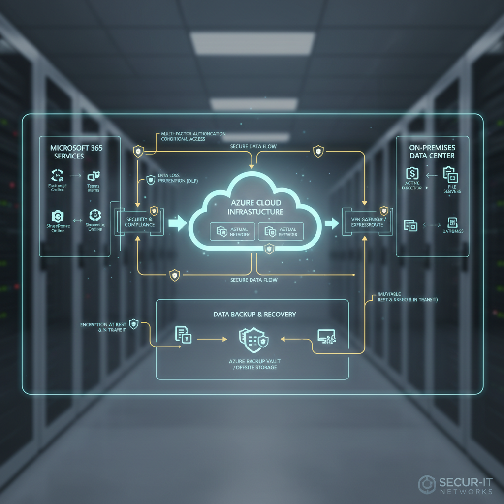 A network diagram showing secure data flow between Microsoft 365 services, Azure cloud, and on-premises infrastructure, highlighting cybersecurity measures and data backup processes