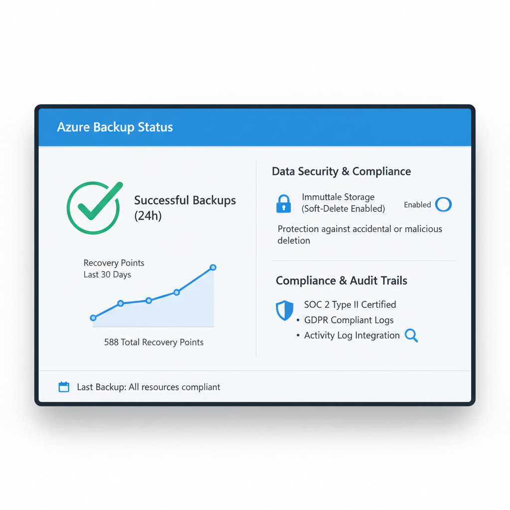Screenshot of the Azure Backup interface showing successful backup jobs and recovery points, with a focus on data security and compliance features