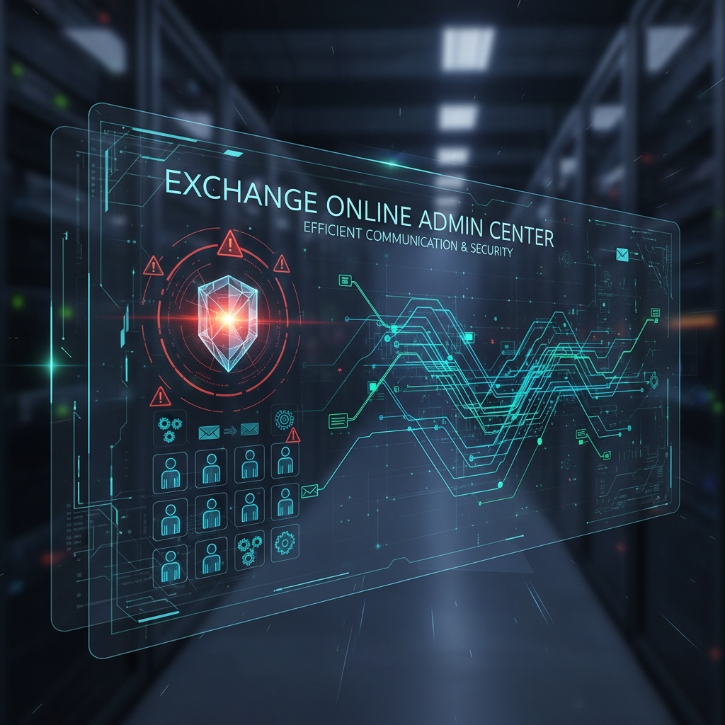Dashboard view of Exchange Online admin center, showcasing email traffic, security alerts, and user management options, emphasizing efficient communication and security