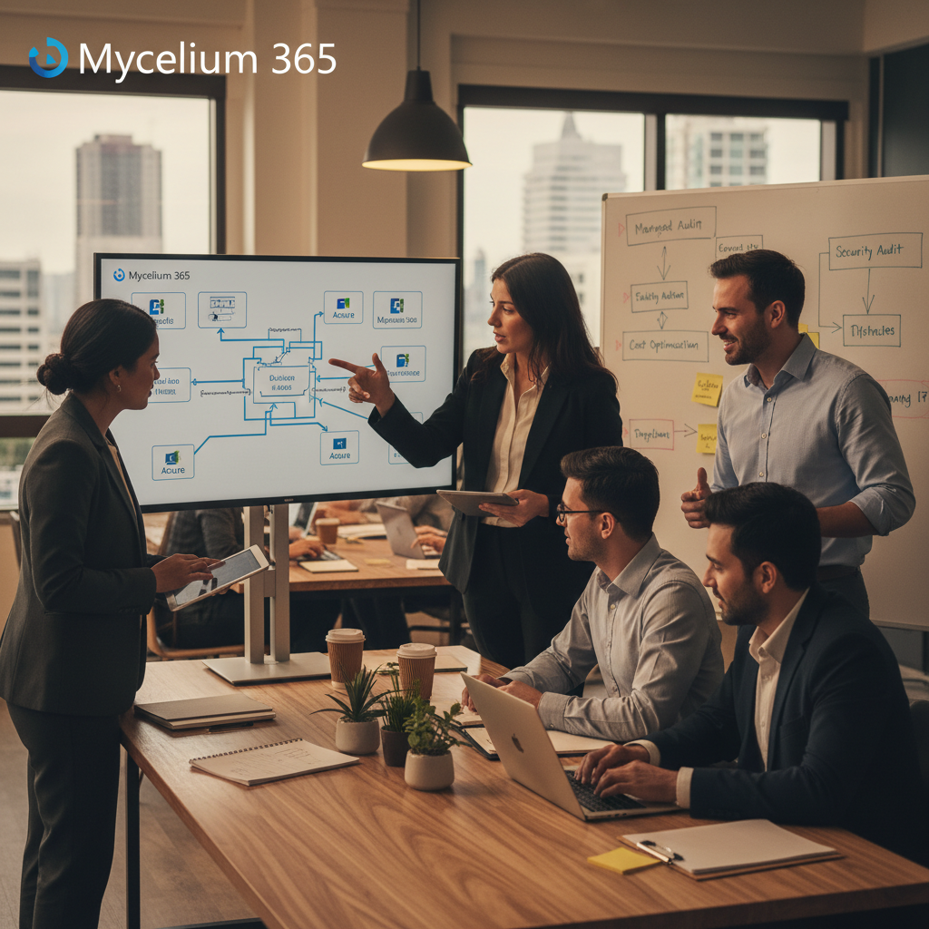 Mycelium 365 team working collaboratively in a modern office environment, showcasing expertise in Microsoft 365 and Azure solutions, highlighting the benefits of managed IT services