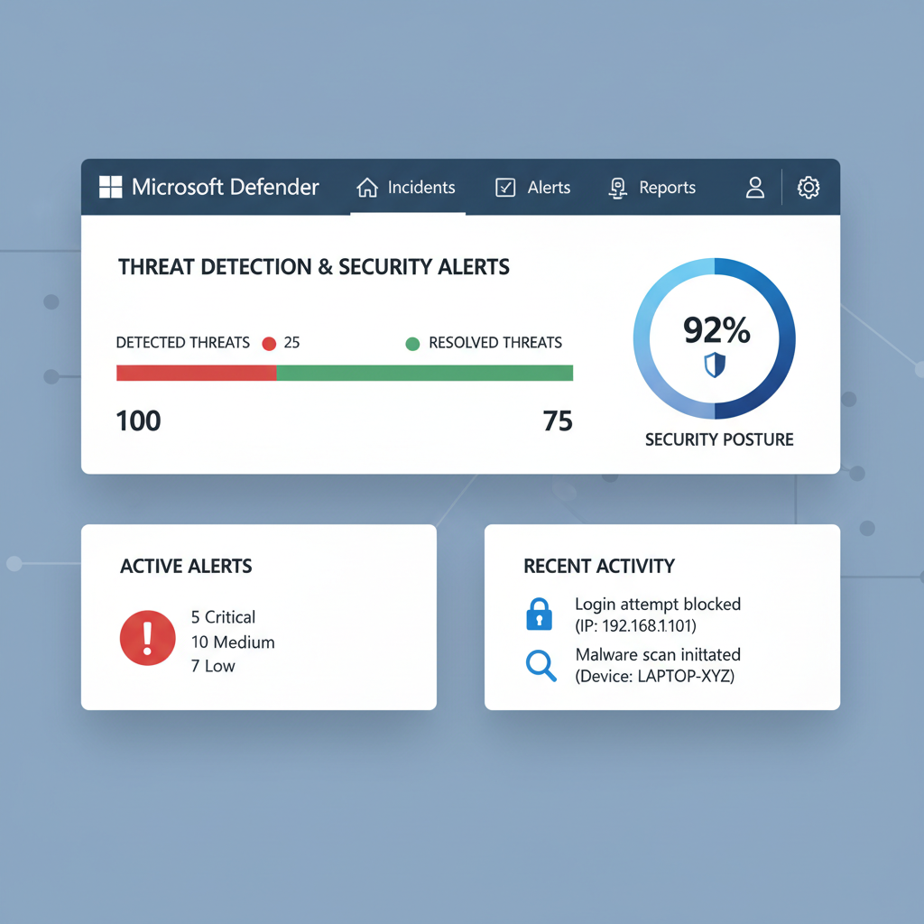 Screenshot of the Microsoft Defender dashboard, highlighting threat detection and security alerts.