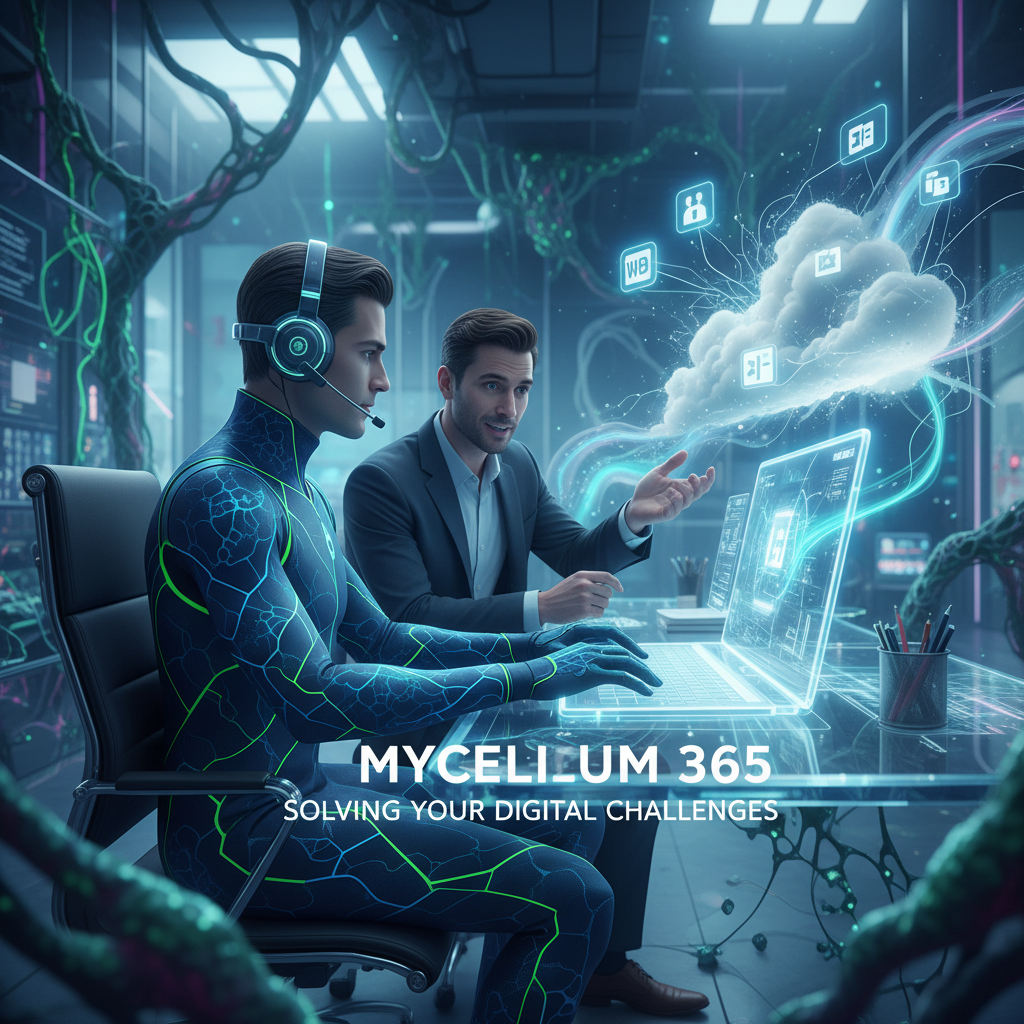 A Mycelium 365 technician assisting a client with a Microsoft 365 issue, using a laptop and headset in a modern office setting.