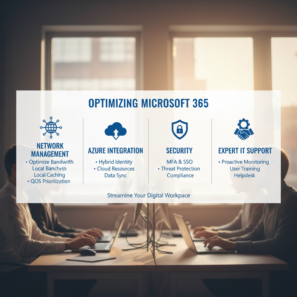 Infographic summarising the key steps to optimising Microsoft 365: Network Management, Azure Integration, Security, and Expert IT Support.