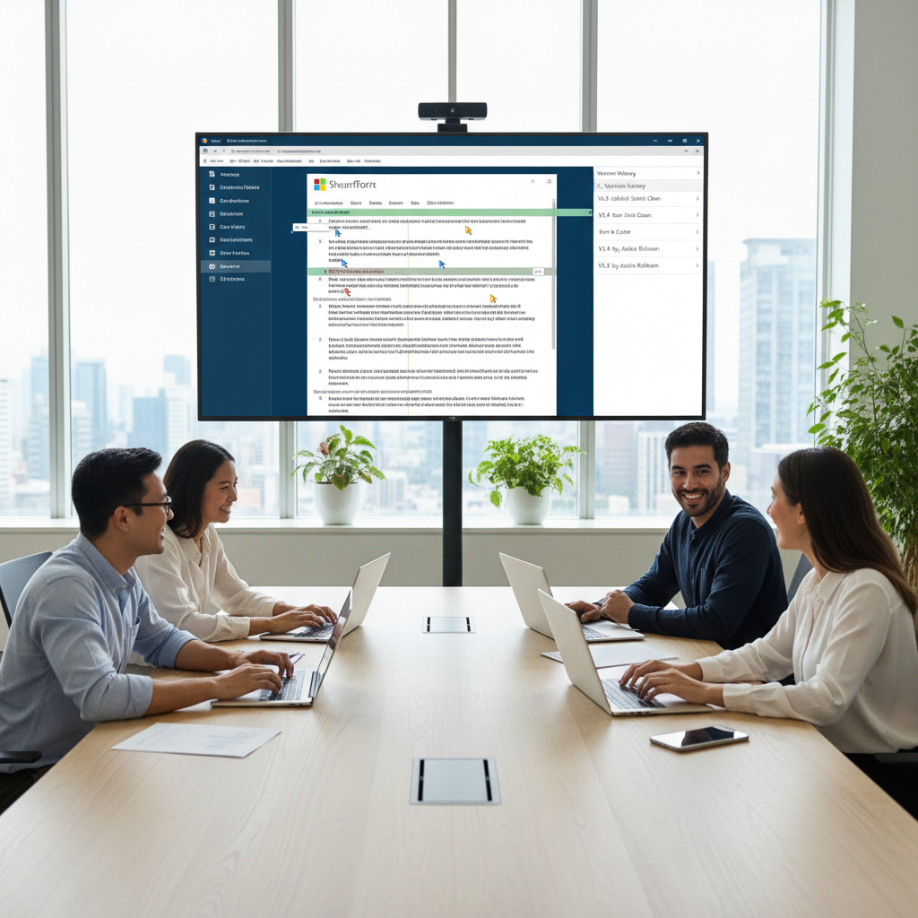 Team members collaborating on a document in SharePoint, showcasing real-time co-authoring and version control.