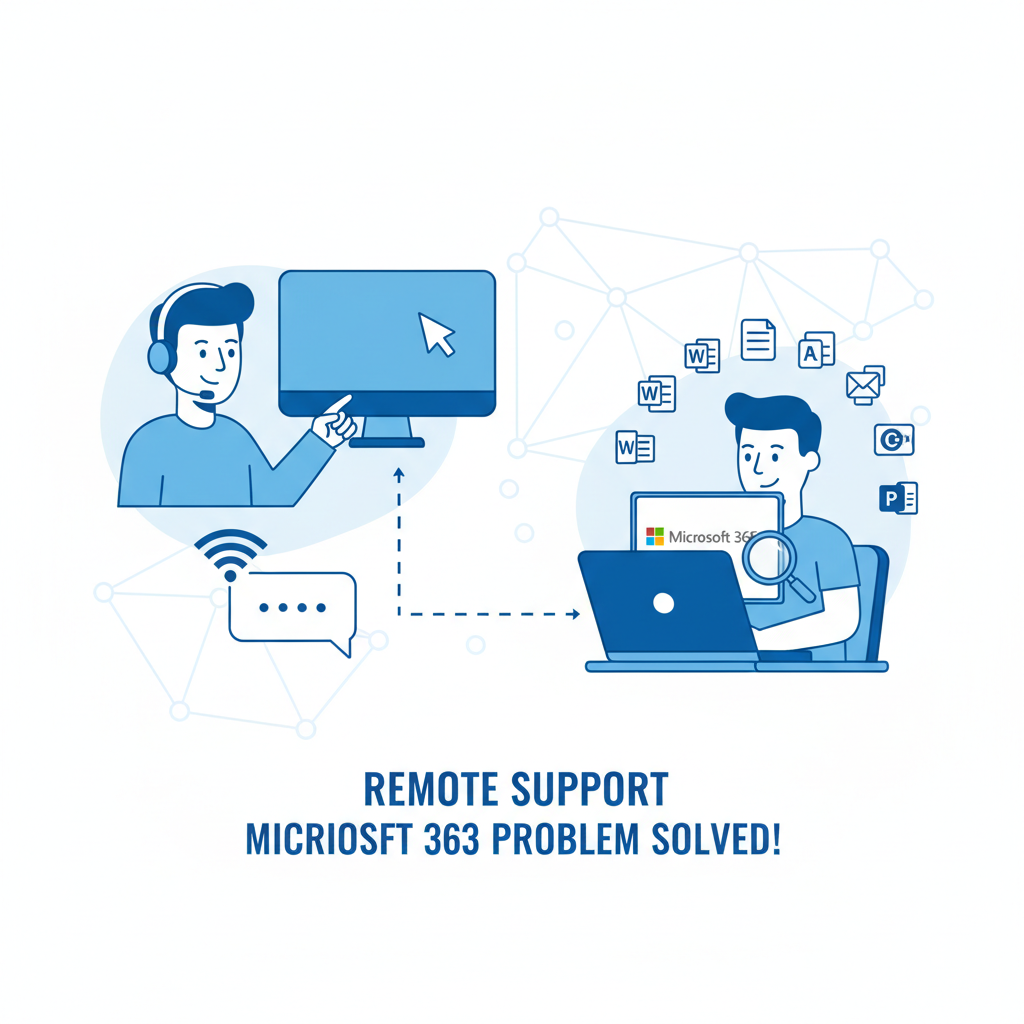 A friendly IT support technician assisting a user with a Microsoft 365 issue, showcasing remote support and problem-solving.