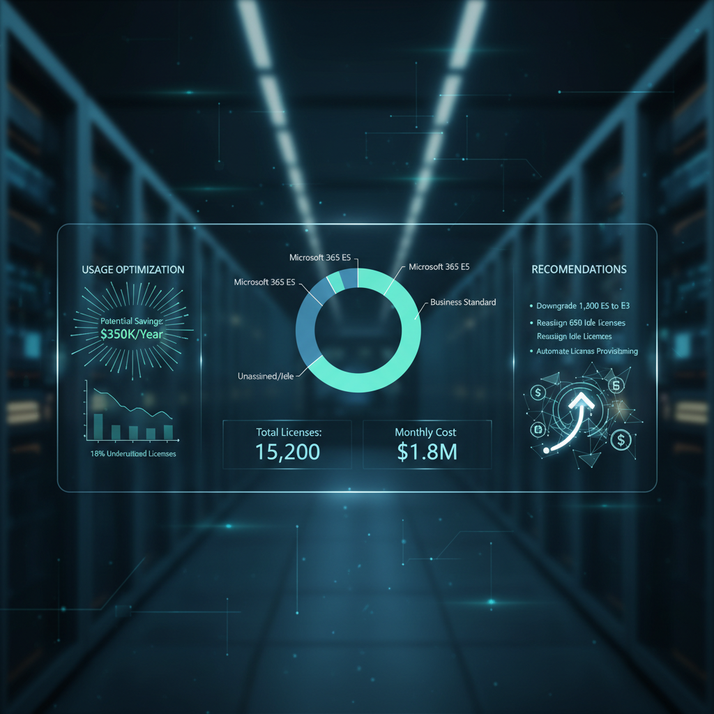 A dashboard showcasing Microsoft 365 license usage and cost optimisation opportunities, highlighting potential savings.