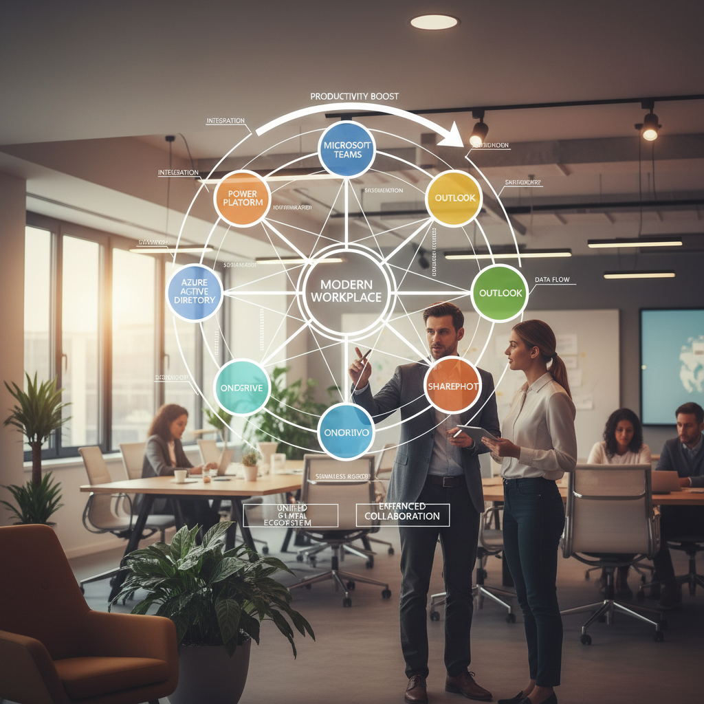 A diagram illustrating the interconnectedness of various Microsoft 365 services, emphasizing the importance of integration and optimisation for a seamless modern workplace.