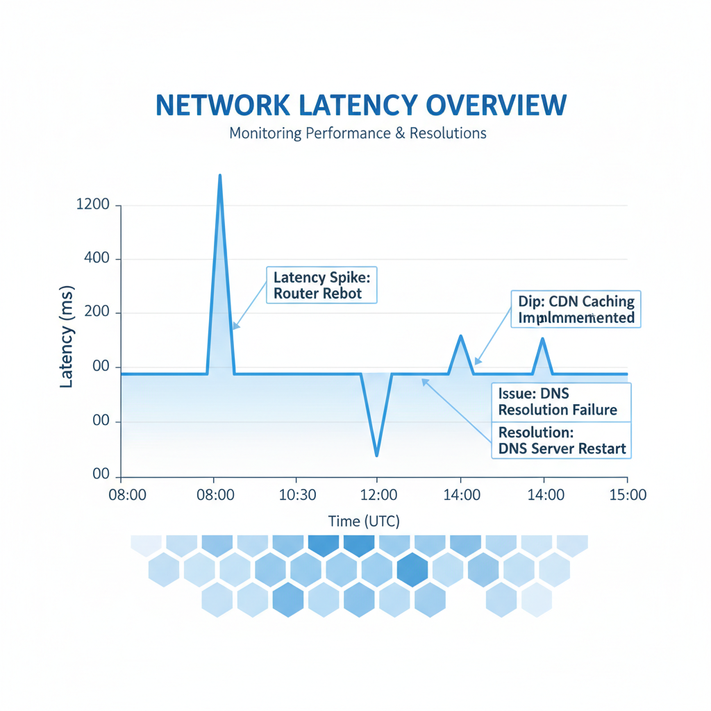 Graph displaying network latency over time, showing spikes and dips, with annotations indicating potential issues and resolutions.