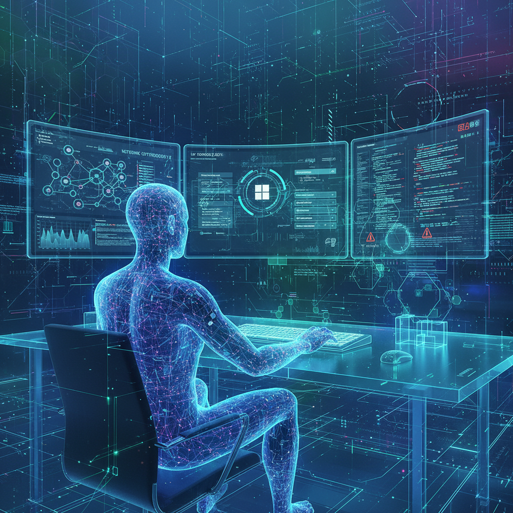 IT professional working on network configuration with multiple monitors displaying network monitoring data and Microsoft 365 settings.