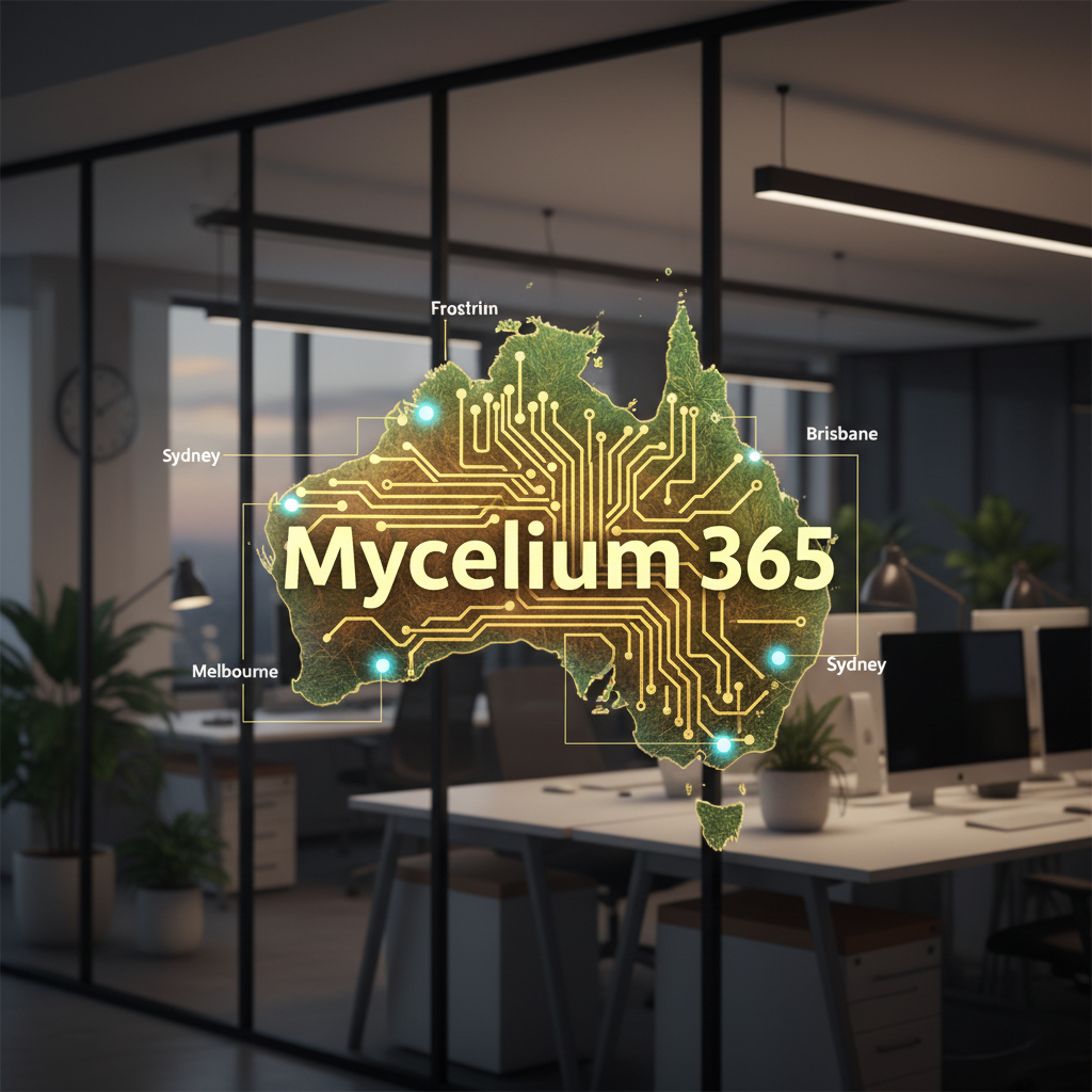 Mycelium 365 logo with a map of Australia in the background, highlighting office locations in Melbourne, Sydney, Perth, and Brisbane.