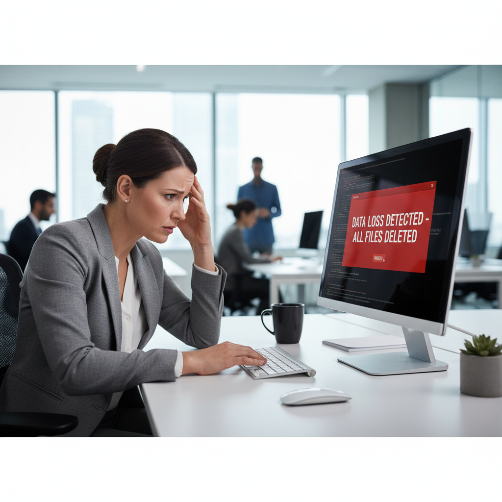 Office worker looking stressed at their computer, with a data loss error message on screen.