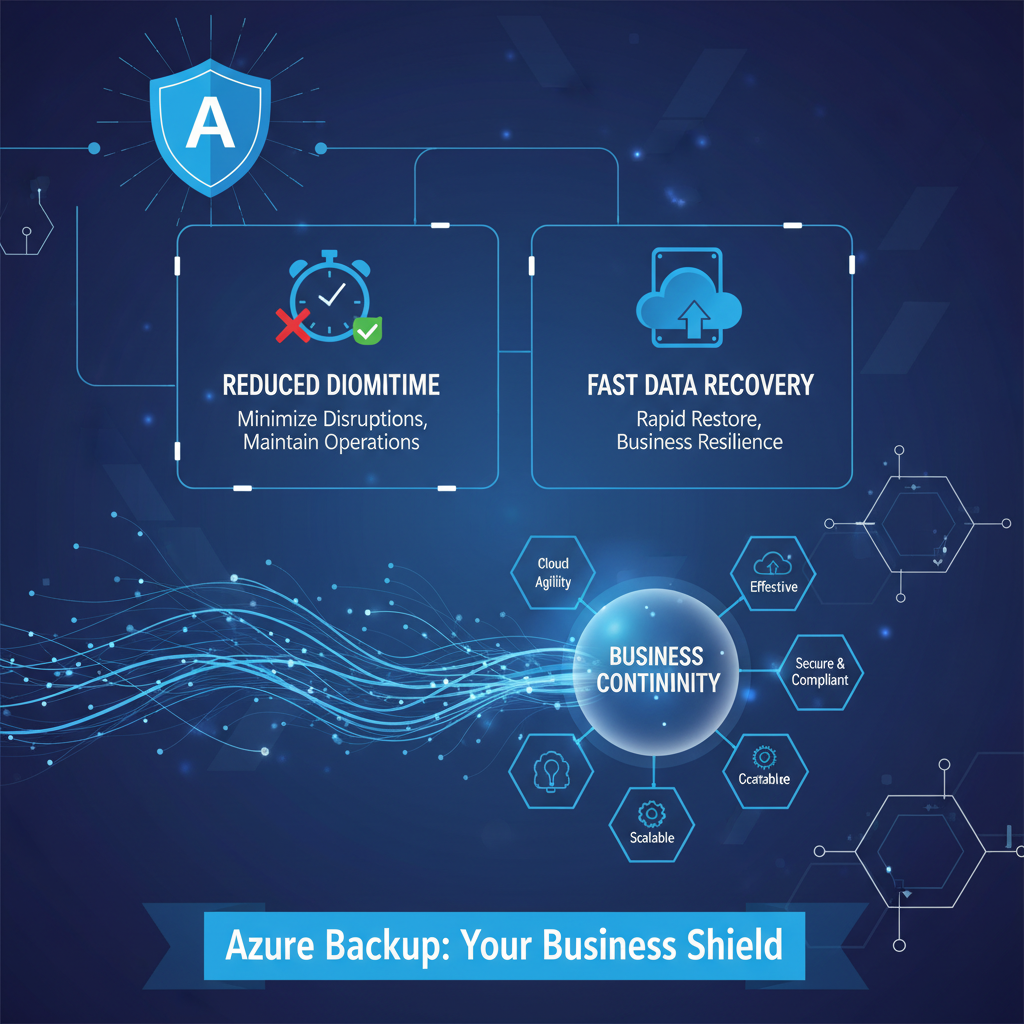 Infographic illustrating the benefits of Microsoft 365 Backup for business continuity, highlighting reduced downtime and data recovery.