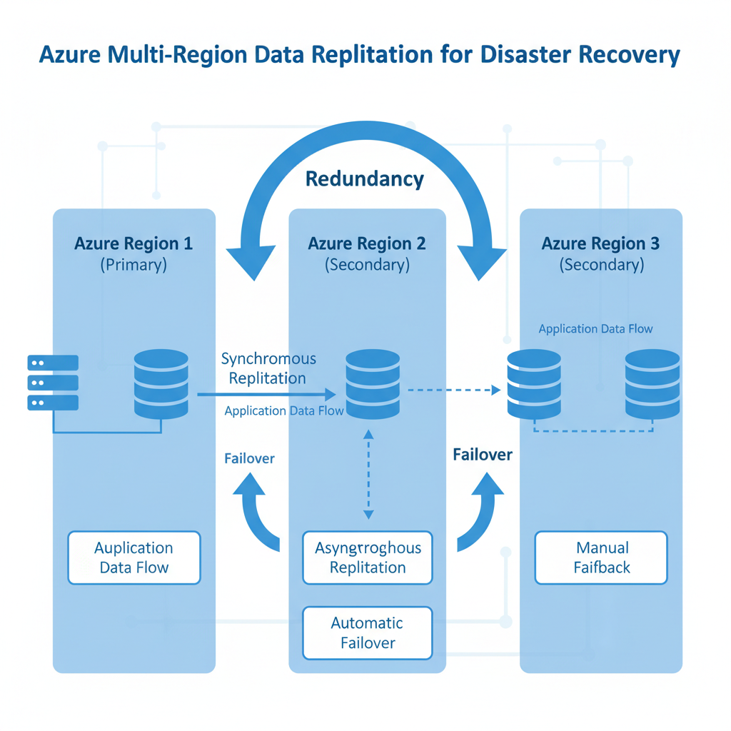 A diagram illustrating data replication across multiple Azure regions for disaster recovery.
