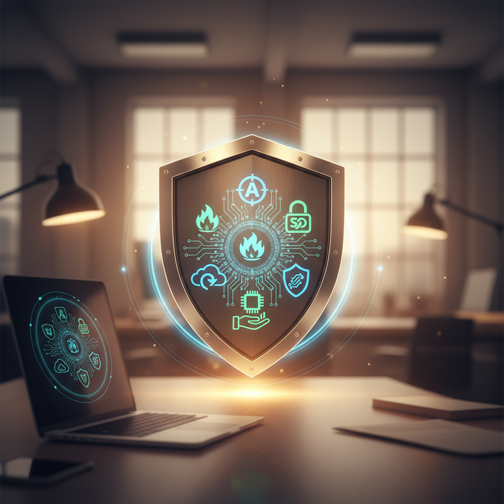 A graphic showing a shield icon with various security symbols inside, representing comprehensive IT protection.