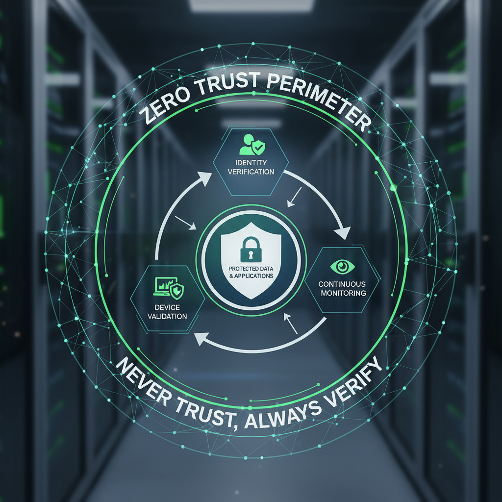 A diagram illustrating the principles of Zero Trust Security with points including identity verification, device validation, and continuous monitoring, all surrounding protected data and applications.