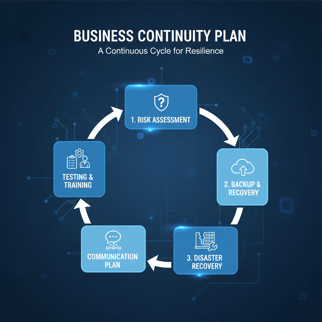 A flowchart illustrating the steps in a business continuity plan, starting with risk assessment, then backup and recovery, disaster recovery, communication plan, and finally, testing and training, forming a continuous loop.