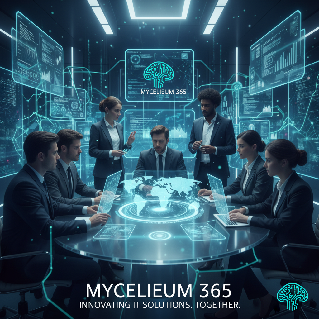 A photograph of the Mycelium 365 team working collaboratively in a modern office environment, showcasing their expertise and dedication to providing excellent IT services.