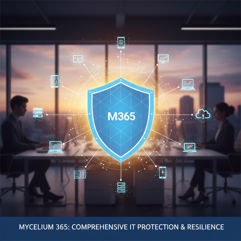 A graphic showing a shield protecting a network of interconnected devices, representing the comprehensive protection and resilience provided by Mycelium 365's IT solutions.