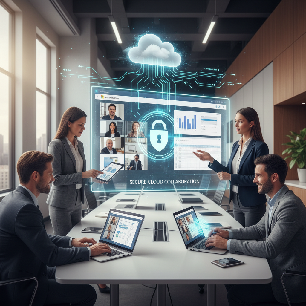 Office workers collaborating on a project using Microsoft Teams, with a focus on data security and accessibility. The image style is modern and professional, showcasing the benefits of cloud-based collaboration.