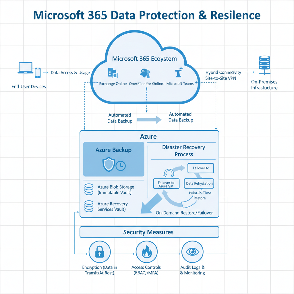 A diagram illustrating the data flow and security measures within a Microsoft 365 environment, emphasizing Azure Backup and Disaster Recovery processes. The diagram is clean and professional, with clear labels and icons.