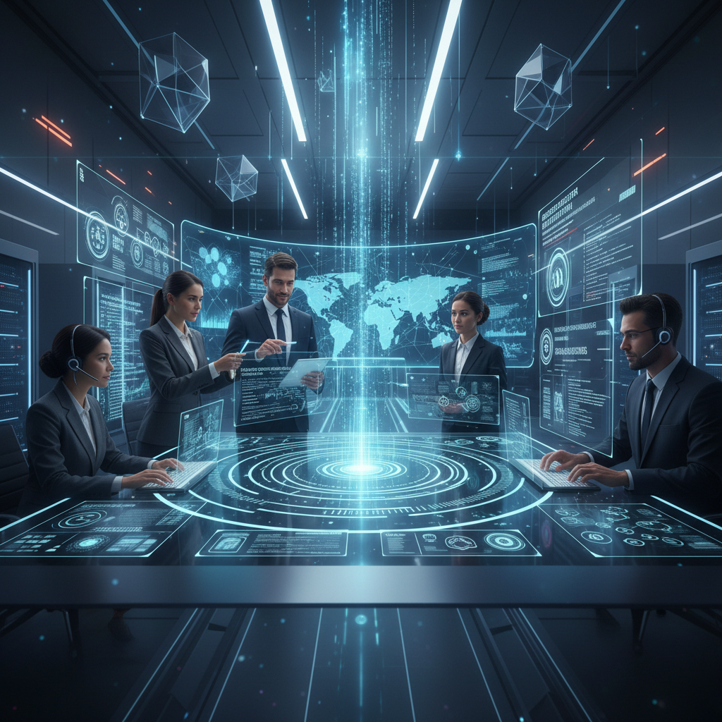 A team of IT professionals working together in a modern office environment, collaborating on a disaster recovery plan using digital tools and dashboards. The image conveys collaboration, expertise, and preparedness.