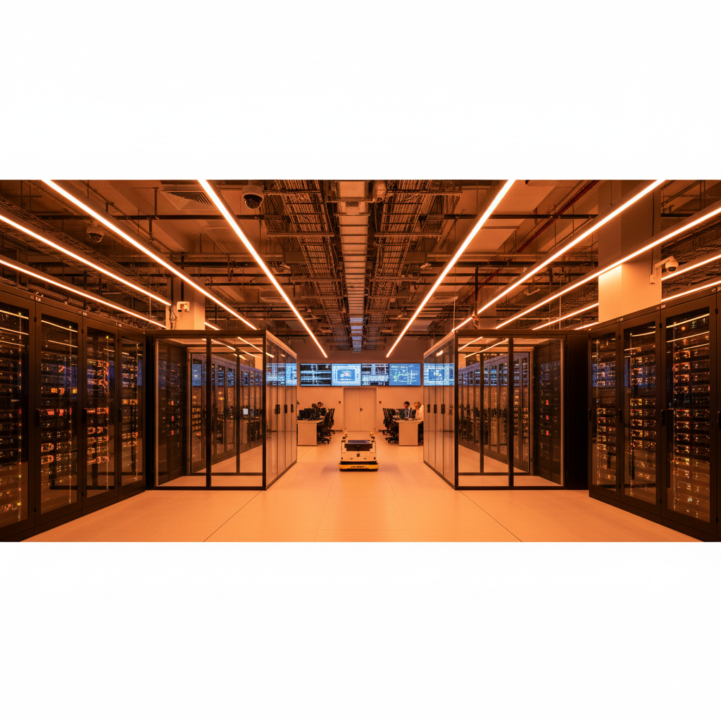 A panoramic view of a modern data center, highlighting the infrastructure and technology that supports cloud services and data backup. The image is high-resolution and emphasizes the scale and security of the data center.