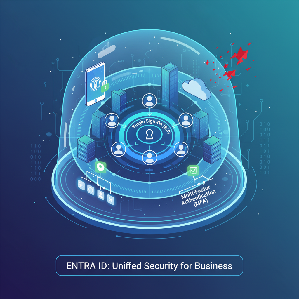 Illustration of Entra ID features including single sign-on, multi-factor authentication, and conditional access, highlighting the security benefits for a business environment.