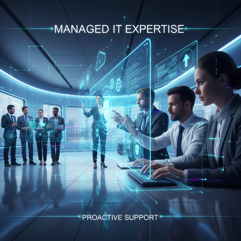 A team of IT professionals collaborating in a modern office environment, demonstrating the expertise and support provided by a managed IT service provider.