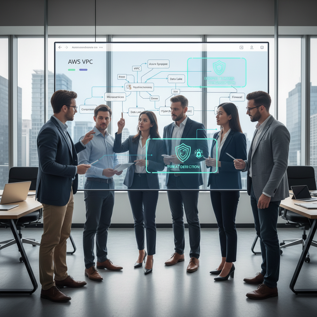 A business team collaborating around a large interactive display showing a cloud migration architecture diagram with security overlays