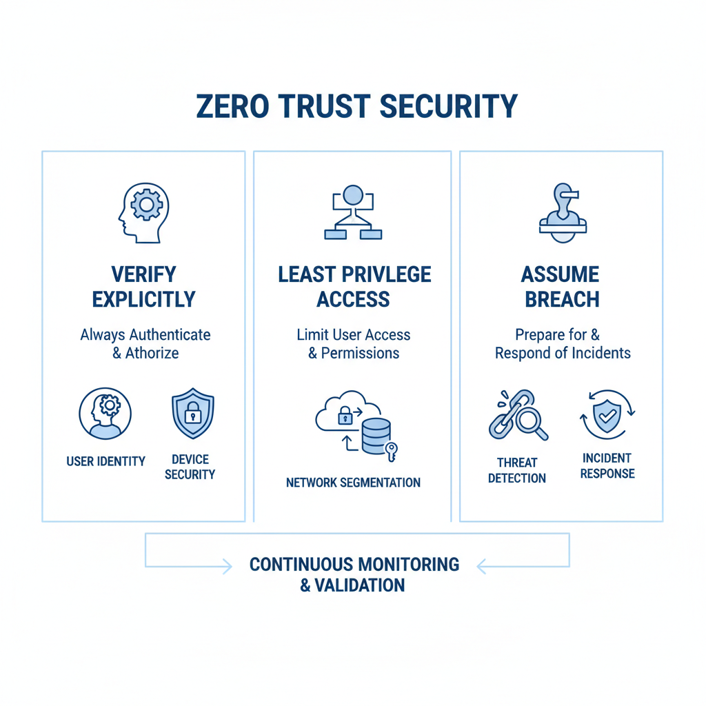 A diagram illustrating the principles of Zero Trust security: Verify Explicitly, Least Privilege Access, and Assume Breach, with icons representing user identity, device security, network segmentation, and data encryption.