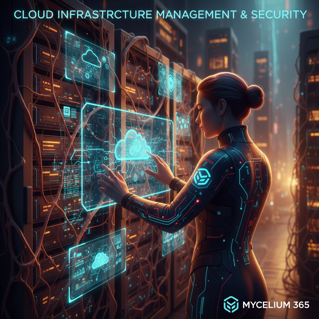 A Mycelium 365 engineer working on a server rack in a data centre, showcasing the company's expertise in cloud infrastructure management and security