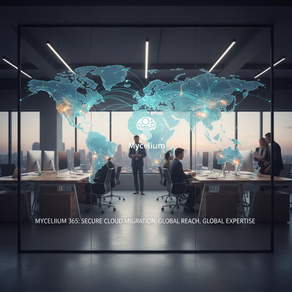 A world map with digital connections highlighting Mycelium 365's global reach and expertise in providing secure cloud migration services to businesses worldwide.
