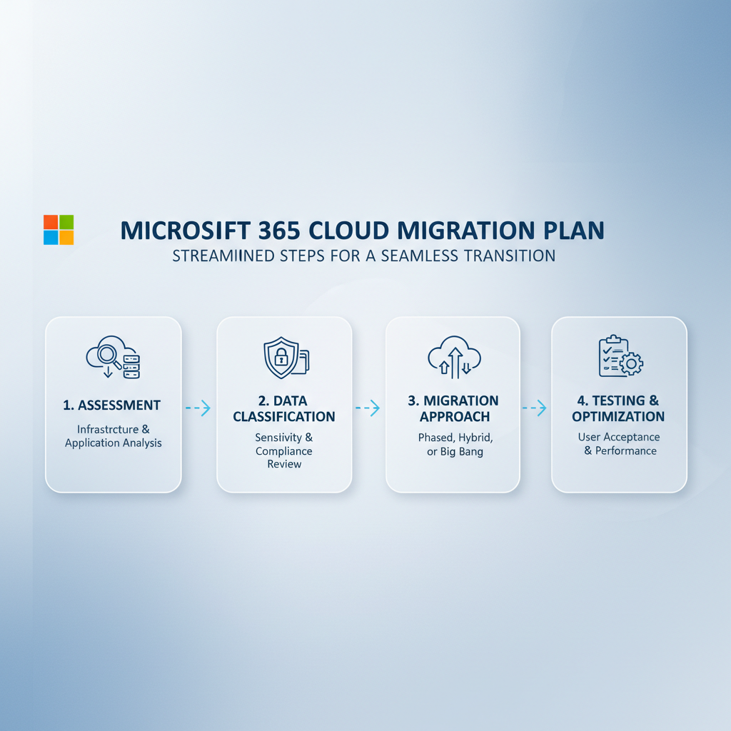 A diagram illustrating the steps involved in planning a Microsoft 365 cloud migration, including assessment, data classification, migration approach selection, and testing.