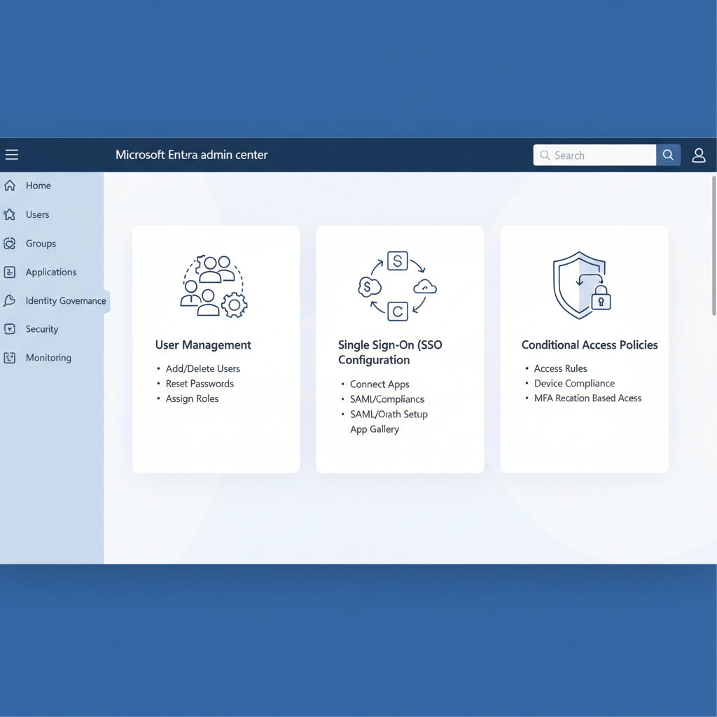 A screenshot of the Entra ID admin portal, showcasing features like user management, single sign-on configuration, and conditional access policies.