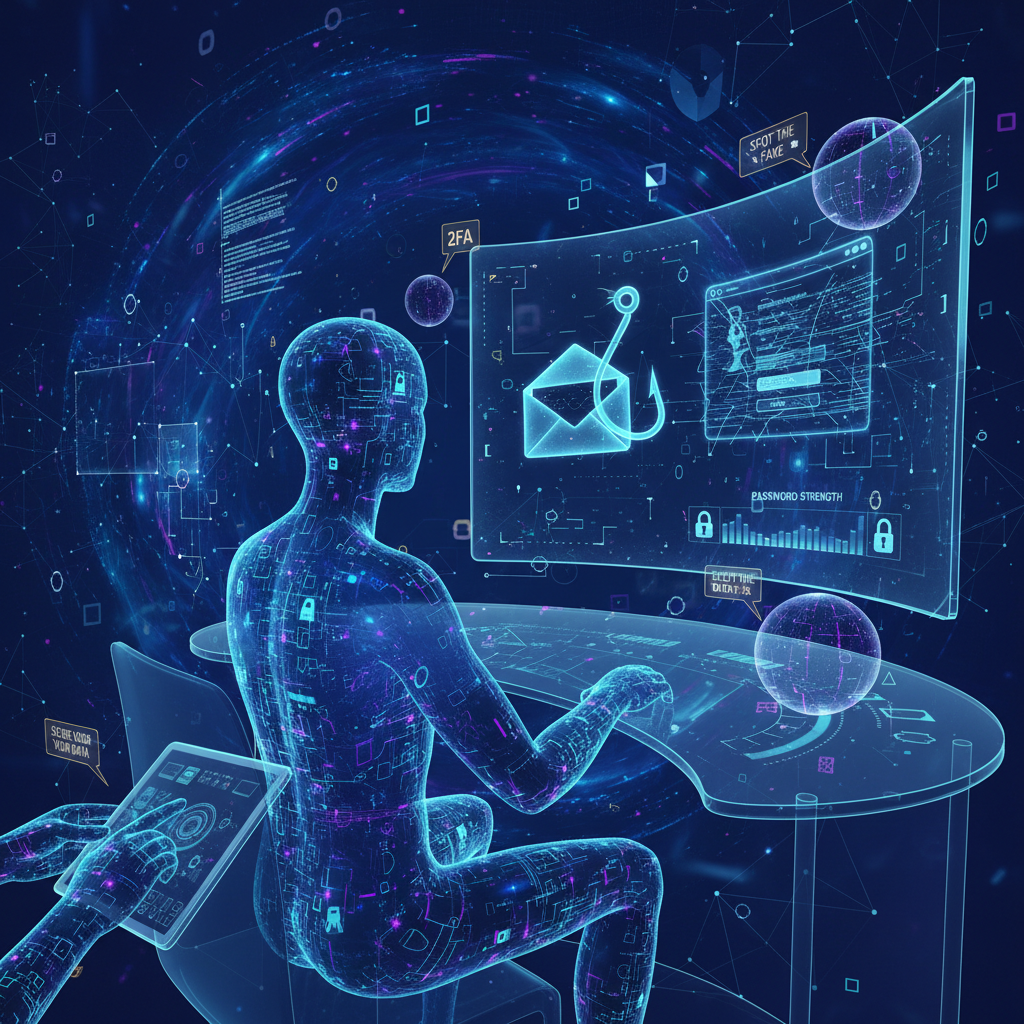 A person participating in a cybersecurity training session, learning about phishing scams and password security.