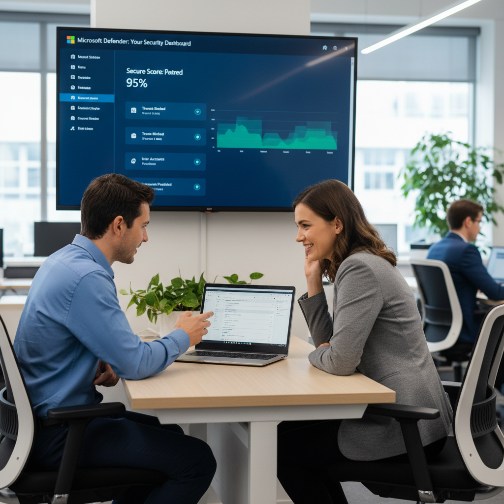 A professional IT technician assisting a business user with their Microsoft 365 account on a laptop, with the Microsoft Defender interface visible in the background, showcasing a secure and user-friendly environment.