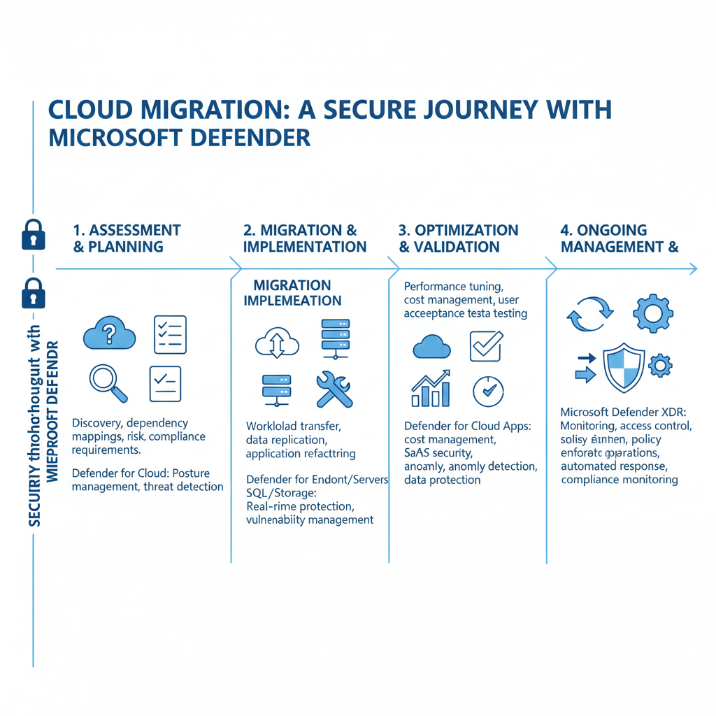 A diagram illustrating the stages of a cloud migration process, from assessment and planning to implementation and ongoing management, with a focus on security at each stage, highlighting the role of Microsoft Defender.